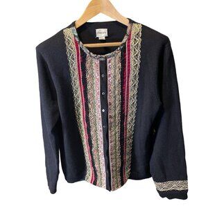 Chico's Silk Blend Black Embroidered Detail Cardigan Sweater Sz XL